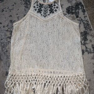 Crochet Fringe Lace Tank Top - Cream